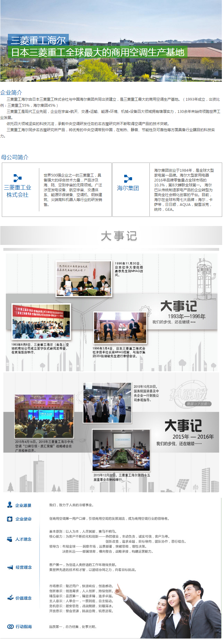 导读:三菱重工海尔由日本三菱重工株式会社与中国海尔集团共同出资建立,是三菱重工最大的商用空调生产基地。(1993年成立,出资比例:三菱重工55%,海尔集团45%。三菱重工是现代工业先驱,企业在宇宙航天、交通运输、能源环境、机械设备四大领域拥有雄厚实力,130余年来始终领跑世界工业发展。依托四大领域坚实的科技沉淀,承载中央空调研发任务的名古屋研究所不断取得空调产品的技术突破。三菱重工海尔同步名古屋研究所产品,将优秀的中央空调带到中国,在制热、静音、节能性及可靠性等方面具备行业瞩目的科技实力。